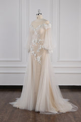 Chic Jewel Pink Tulle Flowers Wedding Dress Beadings Appliques Long Sleeves Bridal Gowns On Sale-27dress