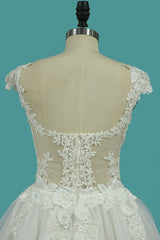 Chic Jewel Sleeveless Lace Wedding Dress Tull Appliques Ruffles Bridal Gowns Online-27dress