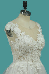 Chic Jewel Sleeveless Lace Wedding Dress Tull Appliques Ruffles Bridal Gowns Online-27dress