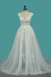 Chic Jewel Sleeveless Lace Wedding Dress Tull Appliques Ruffles Bridal Gowns Online-27dress