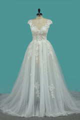 Chic Jewel Sleeveless Lace Wedding Dress Tull Appliques Ruffles Bridal Gowns Online-27dress