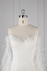 Chic Jewel Sleeveless White Chiffon Wedding Dress Mermaid Appliques Bridal Gowns with Fur Onsale-27dress