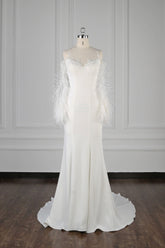 Chic Jewel Sleeveless White Chiffon Wedding Dress Mermaid Appliques Bridal Gowns with Fur Onsale-27dress