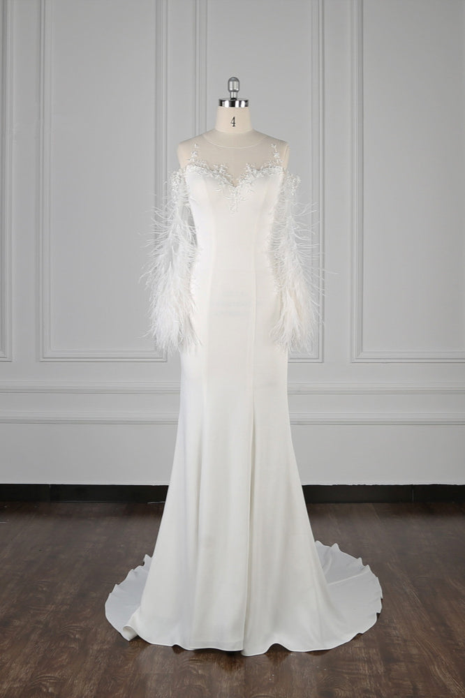 Chic Jewel Sleeveless White Chiffon Wedding Dress Mermaid Appliques Bridal Gowns with Fur Onsale-27dress