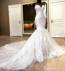 Chic Jewel Sleeveless White Wedding Dresses With Appliques Mermaid Lace Bridal Gowns Online-27dress