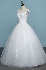 Chic Jewel Tulle Lace White Wedding Dress Sleeveless Appliques Bridal Gowns with Flowers Online-27dress