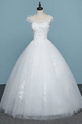 Chic Jewel Tulle Lace White Wedding Dress Sleeveless Appliques Bridal Gowns with Flowers Online-27dress