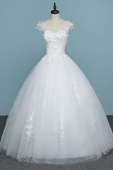 Chic Jewel Tulle Lace White Wedding Dress Sleeveless Appliques Bridal Gowns with Flowers Online-27dress