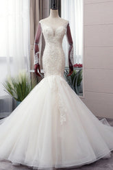 Chic Jewel Tulle Mermaid Lace Wedding Dress Pearls Appliques Long Sleeves Bridal Gowns Online-27dress