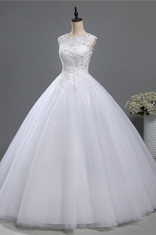 Chic Jewel Tulle Sequined Wedding Dress Sleeveless Appliques Beadings Bridal Gowns On Sale-27dress