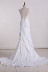 Chic Jewel Tulle White Satin Wedding Dress Lace Appliques Ruffles Sleeveless Bridal Gowns On Sale-27dress