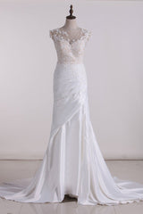 Chic Jewel Tulle White Satin Wedding Dress Lace Appliques Ruffles Sleeveless Bridal Gowns On Sale-27dress