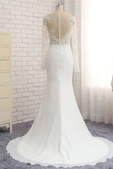 Chic Jewel White Chiffon Lace Wedding Dress Long Sleeves Applqiues Bridal Gowns On Sale-27dress