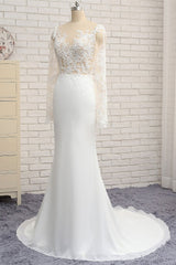 Chic Jewel White Chiffon Lace Wedding Dress Long Sleeves Applqiues Bridal Gowns On Sale-27dress