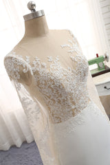 Chic Jewel White Chiffon Lace Wedding Dress Long Sleeves Applqiues Bridal Gowns On Sale-27dress