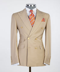 Chic khaki Double Breasted Peaked Lapel Men Suits For Business