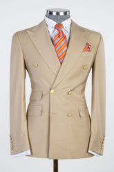 Chic khaki Double Breasted Peaked Lapel Men Suits For Business