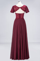 Chic Lace Long Burgundy Backless Bridesmaid Dress With Short-Sleeves-27dress