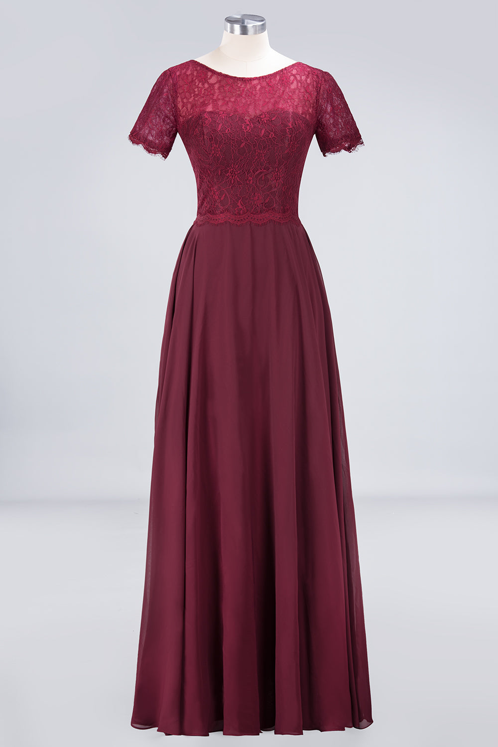 Chic Lace Long Burgundy Backless Bridesmaid Dress With Short-Sleeves-27dress