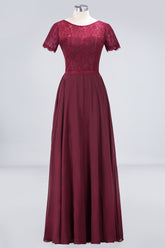 Chic Lace Long Burgundy Backless Bridesmaid Dress With Short-Sleeves-27dress