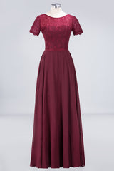 Chic Lace Long Burgundy Backless Bridesmaid Dress With Short-Sleeves-27dress