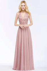 Chic Lace V-neck Pink Chiffon Bridesmaid Dress with Pearls-27dress