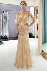 Chic Long Mermaid Jewel Tulle Beading Prom Dress with Sleeves-27dress