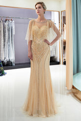 Chic Long Mermaid Jewel Tulle Beading Prom Dress with Sleeves-27dress