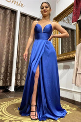 Chic Long Royal Blue Sleeveless Prom Dress Spaghetti Strap With Front Split