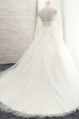 Chic Longsleeves Jewel A line Wedding Dresses White A line Tulle Bridal Gowns With Appliques Online-27dress