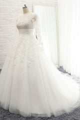 Chic Longsleeves Jewel A line Wedding Dresses White A line Tulle Bridal Gowns With Appliques Online-27dress