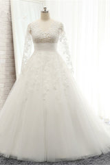 Chic Longsleeves Jewel A line Wedding Dresses White A line Tulle Bridal Gowns With Appliques Online-27dress