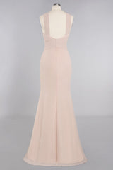 Chic Mermaid Keyhole Pink Chiffon Long Bridesmaid Dress Affordable with Ruffle-27dress