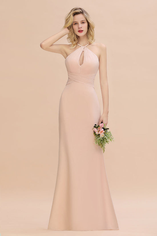 Chic Mermaid Keyhole Pink Chiffon Long Bridesmaid Dress Affordable with Ruffle-27dress
