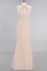 Chic Mermaid Keyhole Pink Chiffon Long Bridesmaid Dress Affordable with Ruffle-27dress