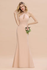 Chic Mermaid Keyhole Pink Chiffon Long Bridesmaid Dress Affordable with Ruffle-27dress
