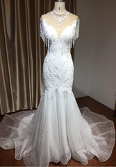 Chic Mermaid Lace Wedding Dress With Tassels-27dress