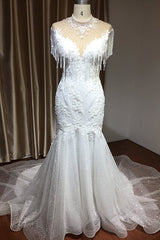Chic Mermaid Lace Wedding Dress With Tassels-27dress