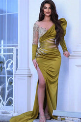 Chic Mermaid Long Sleeves Pleated Long Prom Dress Beadings With Side Split