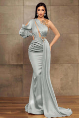 Chic Mermaid One Shoulder Long Sleeve Pleated Long Prom Dress With Beadings