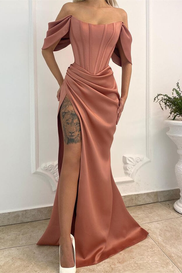 Chic Mermaid Sleeveless Off the Shoulder Long Pleated Prom Dress With Split