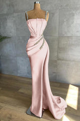 Chic Mermaid Straps Sleeveless Appliques Beadings Prom Dress With Pleated