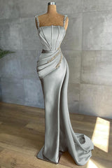 Chic Mermaid Straps Sleeveless Appliques Beadings Prom Dress With Pleated