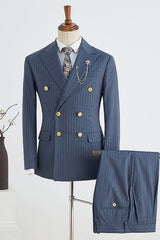 Chic Double Breasted Peaked Lapel Navy Blue Business Suits