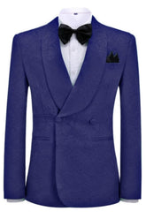 Chic Jacquard Shawl Lapel Double Breasted Navy Blue Prom Suits