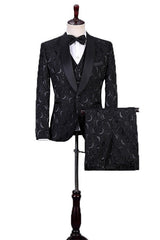 Chic Newest Jacquard Three Pieces Shawl Lapel Black Wedding Suits