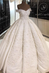 Chic Off-the-shoulder A-line White Wedding Dresses Satin Ruffles Lace Bridal Gowns With Appliques Online-27dress