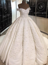 Chic Off-the-shoulder A-line White Wedding Dresses Satin Ruffles Lace Bridal Gowns With Appliques Online-27dress