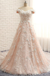Chic Off-the-shoulder Pink A-line Wedding Dresses With Appliques V-neck Lace Bridal Gowns Online-27dress