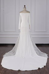 Chic Off-the-Shoulder Satin Wedding Dress Tulle Lace Bridal Gowns with Long Sleeves On Sale-27dress